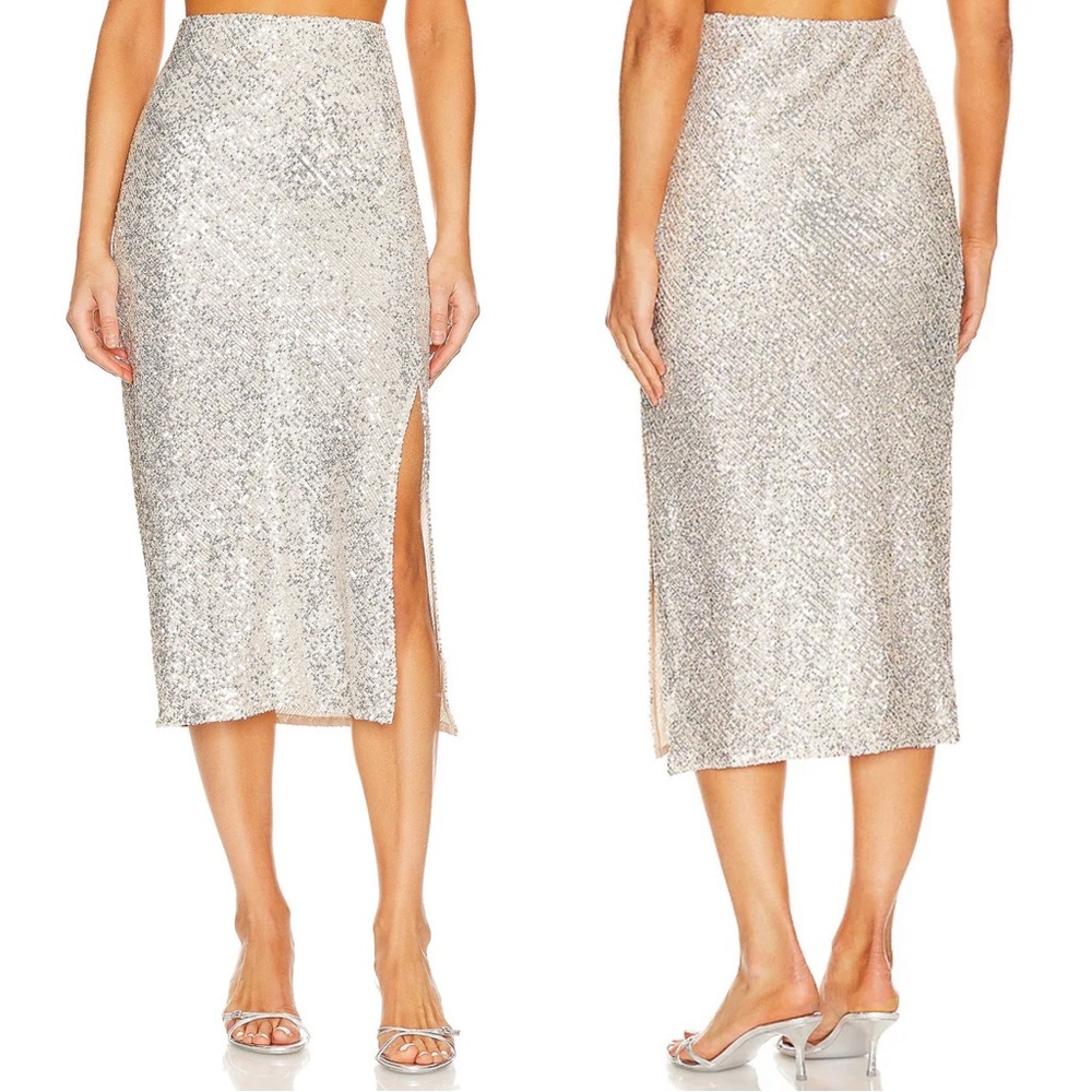 Enza Costa Sequin Bias Side Slit Midi Skirt Size XL Sparkle Nude Silver